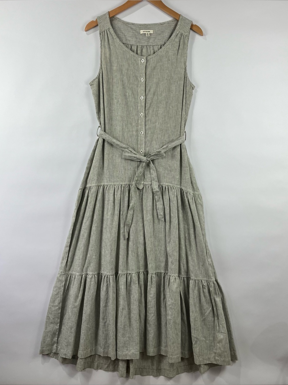 Max Studio Linen Cotton Blend Tiered Dress Button Front Detachable Belt NWOT